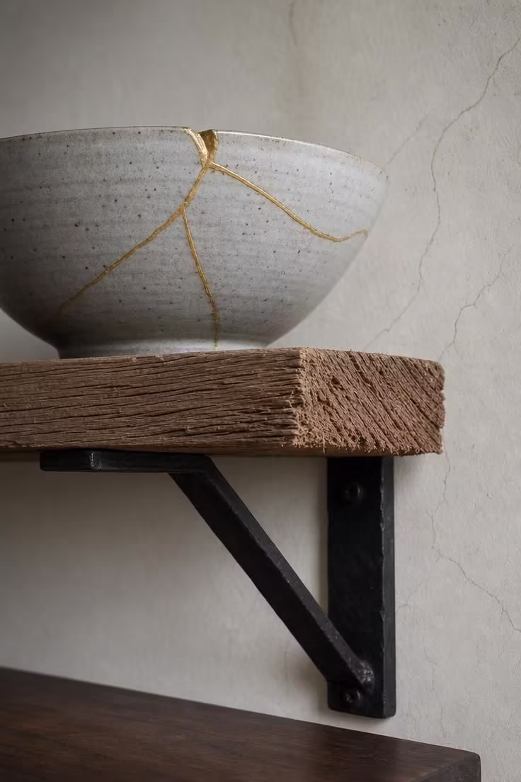 A kintsugi repaired serving bowl with gold-filled cracks on a floating cedar shelf in a wabi sabi dining room.