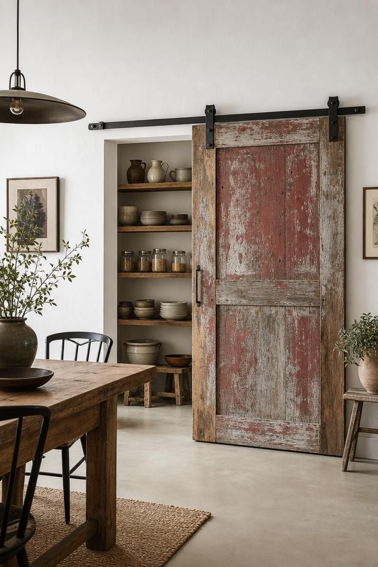 13 Earthy Wabi Sabi Dining Area Ideas That Feel Like Home 9 A reclaimed barn door with faded red and silver paint on a black iron sliding track, half-open to reveal stacked stoneware on pantry shelves.
