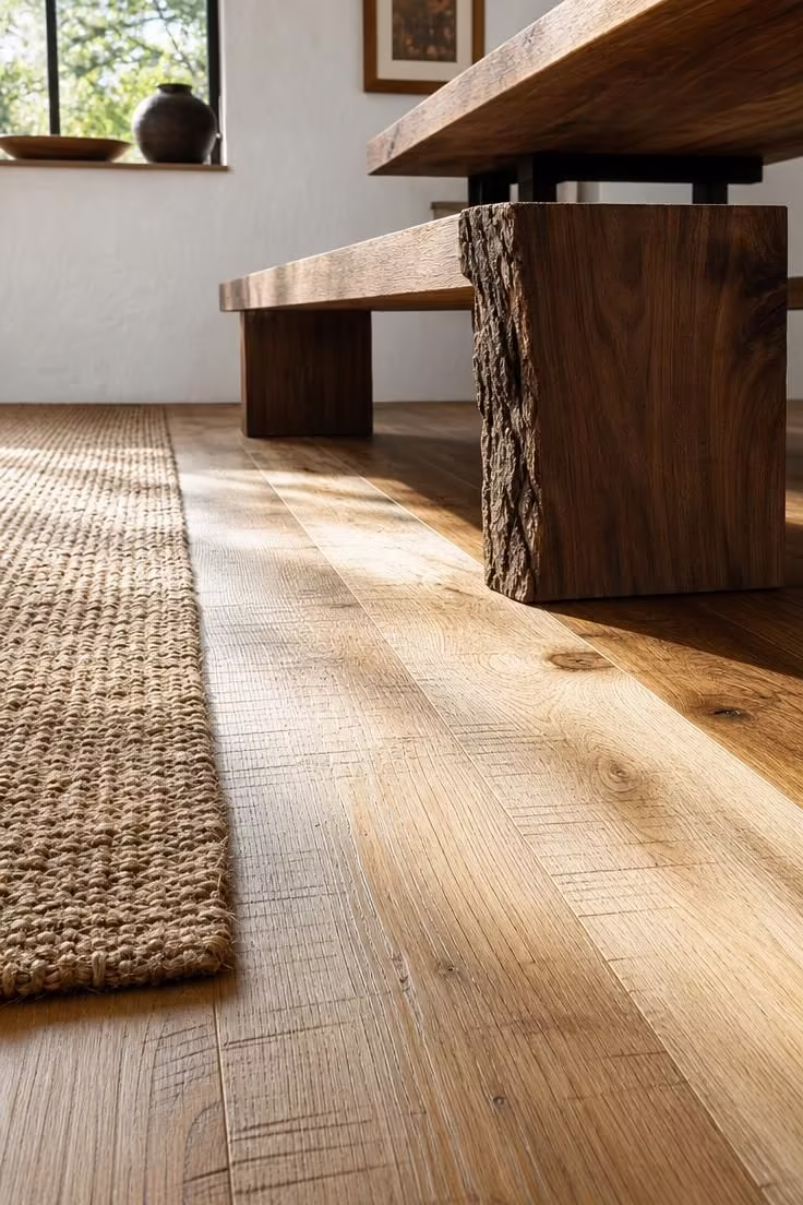 Hand-scraped hickory floor planks beneath a thick slab bench in a bright wabi sabi dining room.
