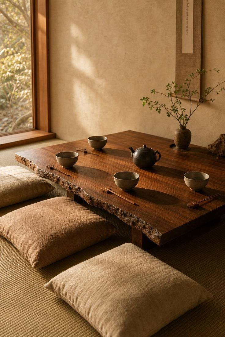 13 Earthy Wabi Sabi Dining Area Ideas That Feel Like Home 10 A low chabudai-style live edge dining table in oiled chestnut with floor cushions, tea bowls, and a ceramic teapot in warm golden light.