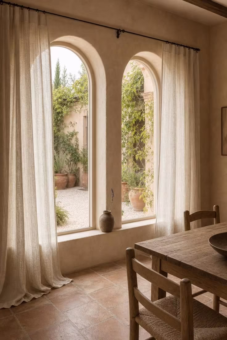 Sheer flax linen panels framing arched windows with a courtyard view in a peaceful wabi sabi dining room.