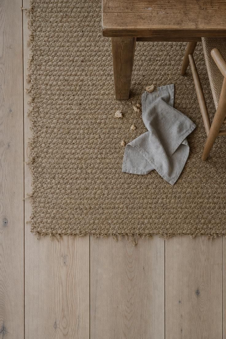 13 Earthy Wabi Sabi Dining Area Ideas That Feel Like Home 11 An overhead view of a braided jute rug with fraying edges layered over wide-plank white oak flooring beneath a wabi sabi dining table.