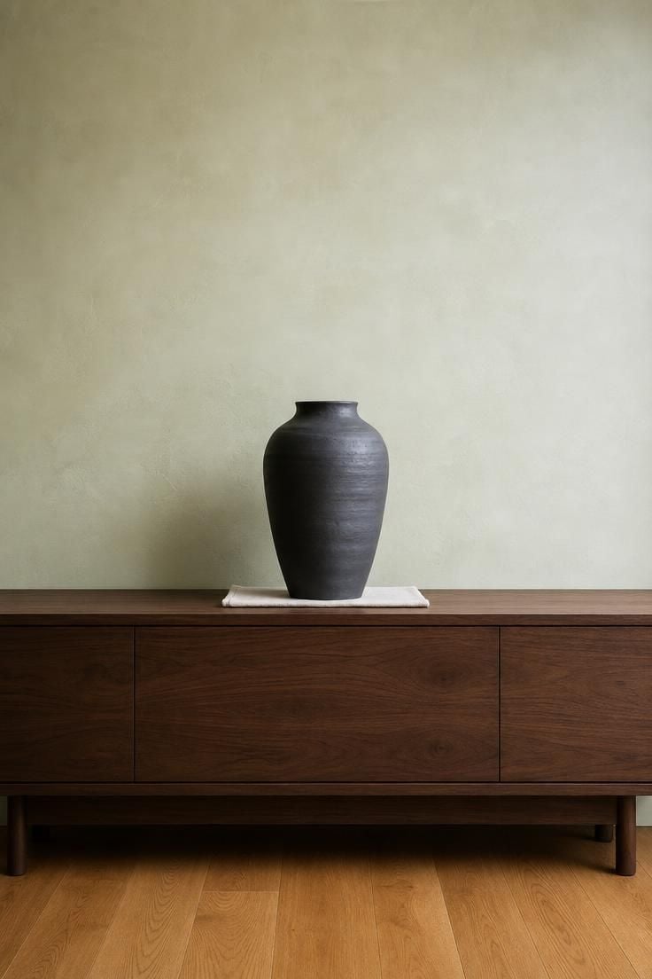 13 Earthy Wabi Sabi Dining Area Ideas That Feel Like Home 12 A single oversized matte charcoal ceramic vase on a walnut sideboard against a pale lime wash wall with deliberate empty space on both sides.