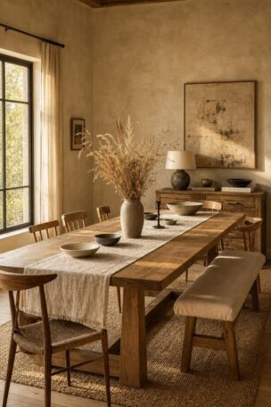 13 Earthy Wabi Sabi Dining Area Ideas That Feel Like Home 17 A warm wabi sabi dining room with a long oak table, linen runner, handmade ceramic bowls, dried grasses, and Roman clay walls in soft golden afternoon light.