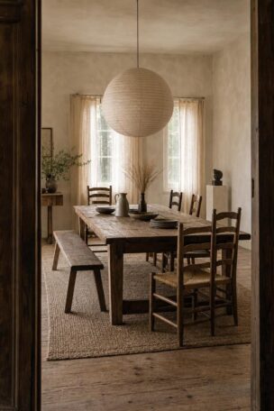 A complete wabi sabi dining room with a reclaimed oak table, washi paper pendant, and lime-washed plaster walls in warm earth tones.