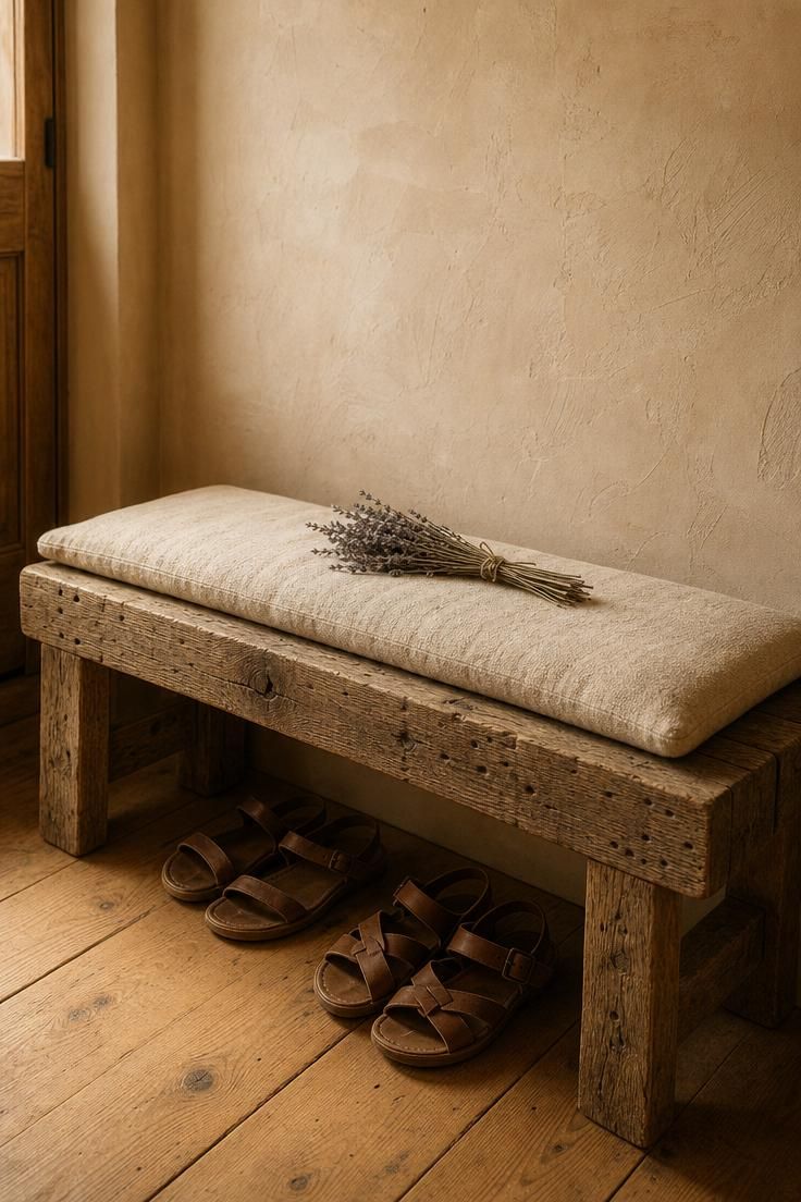 Reclaimed oak bench with a hand-loomed linen cushion in a wabi sabi entryway with warm plaster walls and golden light.
