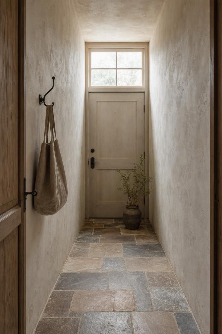 Lime wash walls in pale clay with tumbled slate tile flooring in a narrow wabi sabi entryway hallway.