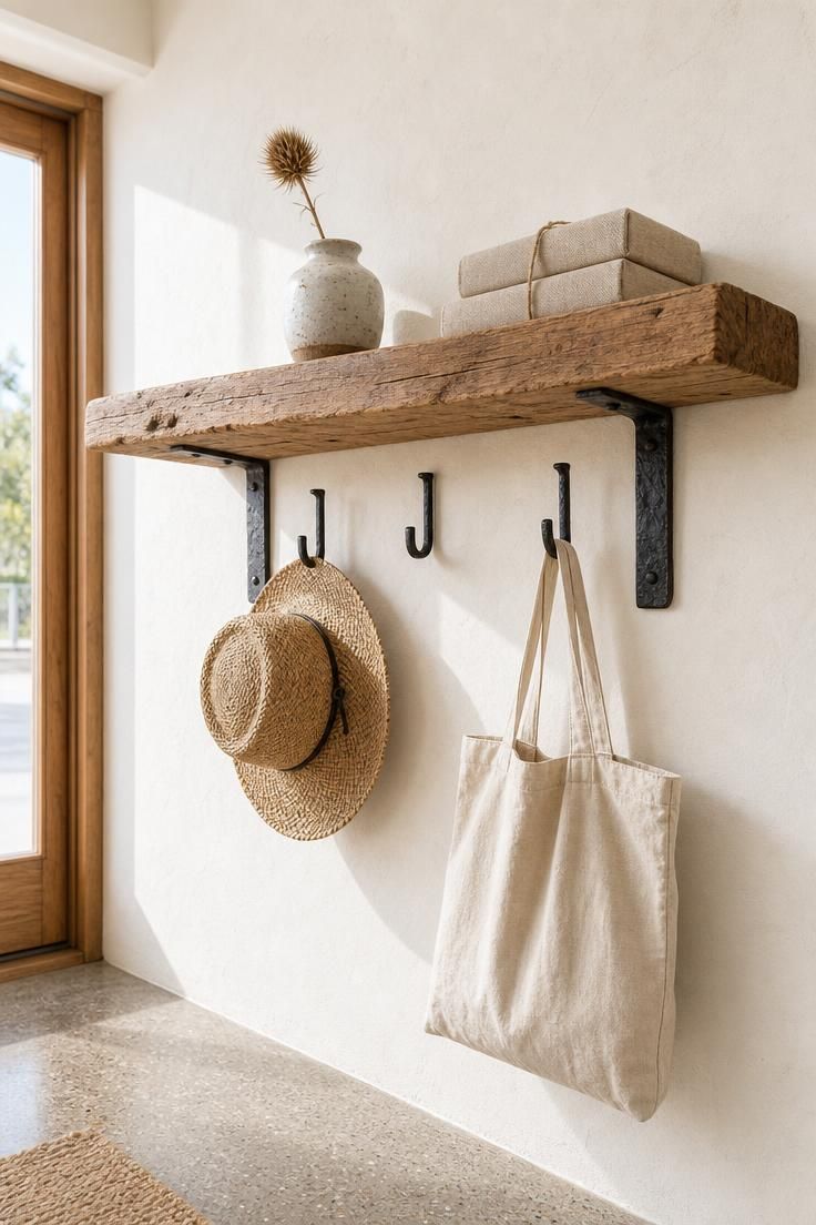 Rough-hewn cedar floating shelf with iron bracket hooks holding a straw hat in a bright wabi sabi entryway.