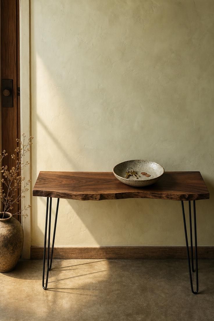 Stoneware catch-all bowl on a live-edge walnut console table in a wabi sabi entryway with warm golden light.