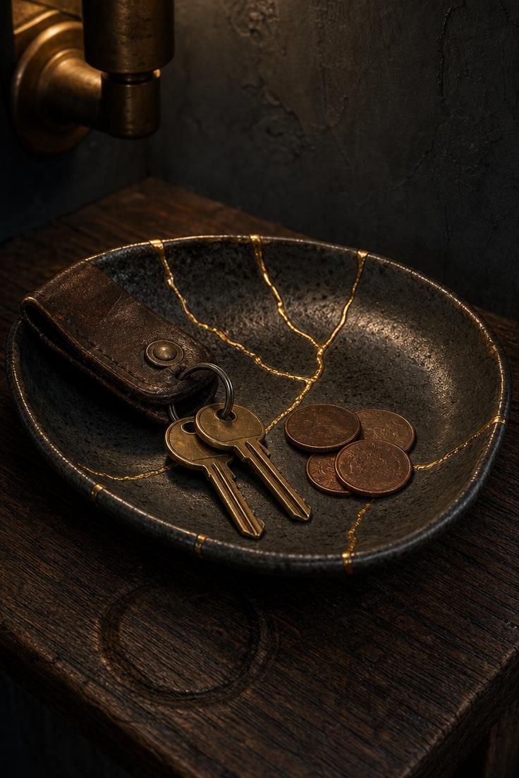 Kintsugi-repaired ceramic tray holding brass keys on a weathered oak table in a moody wabi sabi entryway.