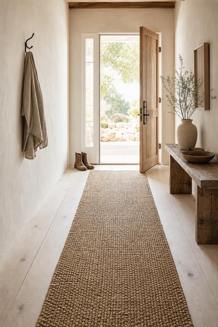 Handwoven jute runner over wide-plank ash flooring in a bright wabi sabi entryway hallway.