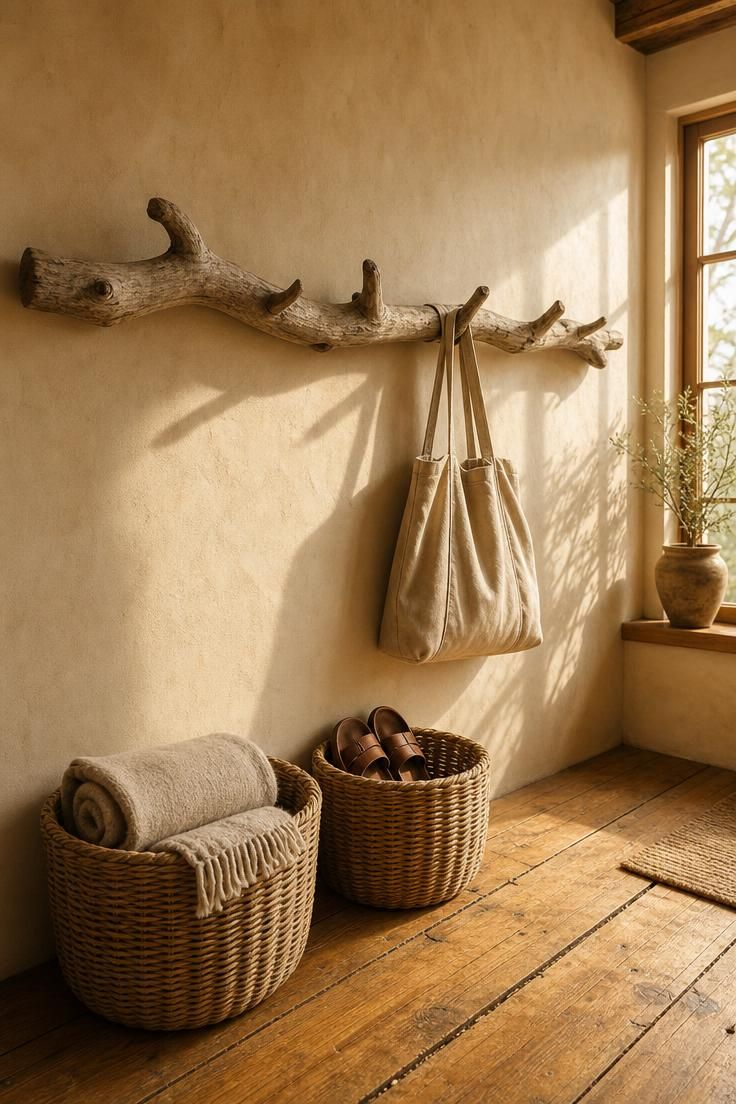 Driftwood branch coat rack with woven rattan baskets below in a warm wabi sabi entryway.