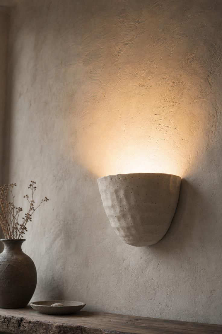 Hand-thrown ceramic wall sconce casting a soft arc of warm light on a plaster wall in a wabi sabi entryway.