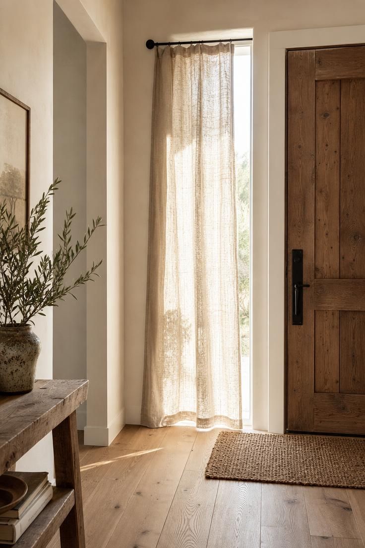 Undyed linen curtain panel filtering bright light through a sidelight window in a wabi sabi entryway.