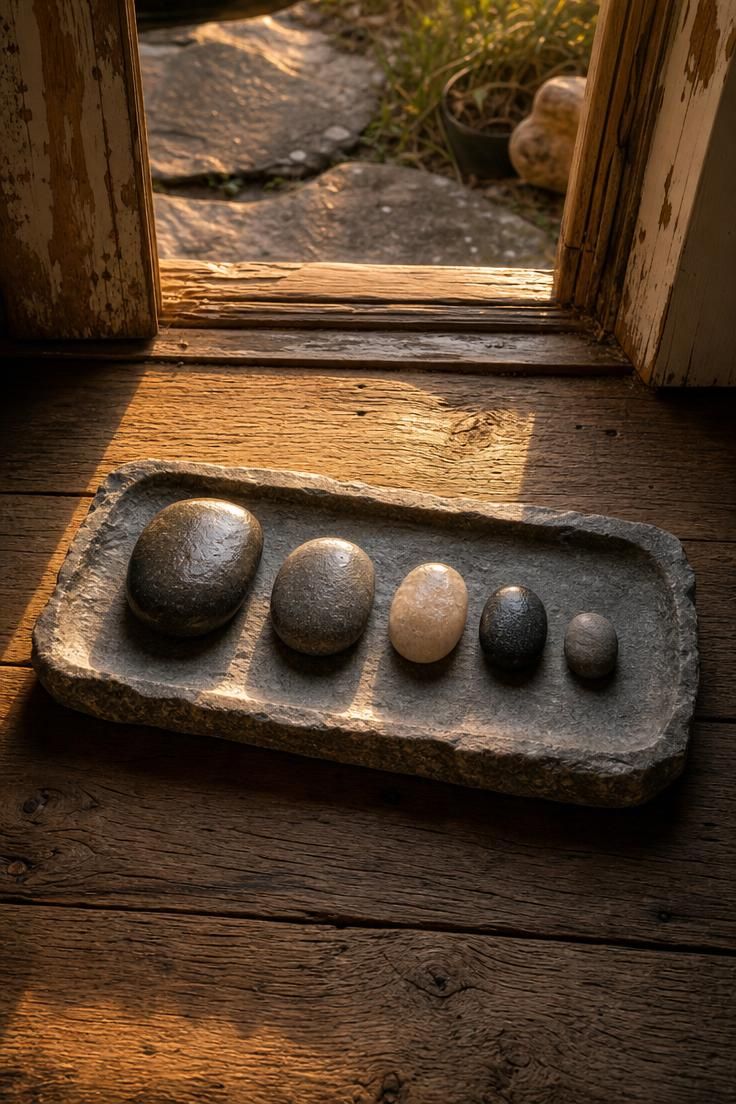 Shallow stone tray with smooth river stones on a reclaimed wood threshold in a warm wabi sabi entryway.