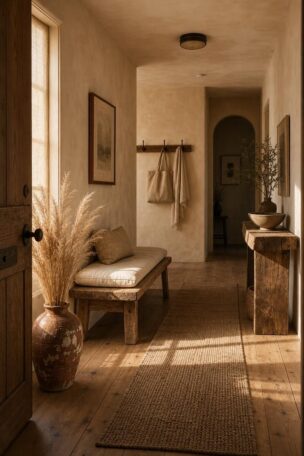 13 Warm Wabi Sabi Entryway Ideas That Feel Like Home 14 Complete wabi sabi entryway with reclaimed oak bench, lime wash walls, jute runner, and warm golden afternoon light.