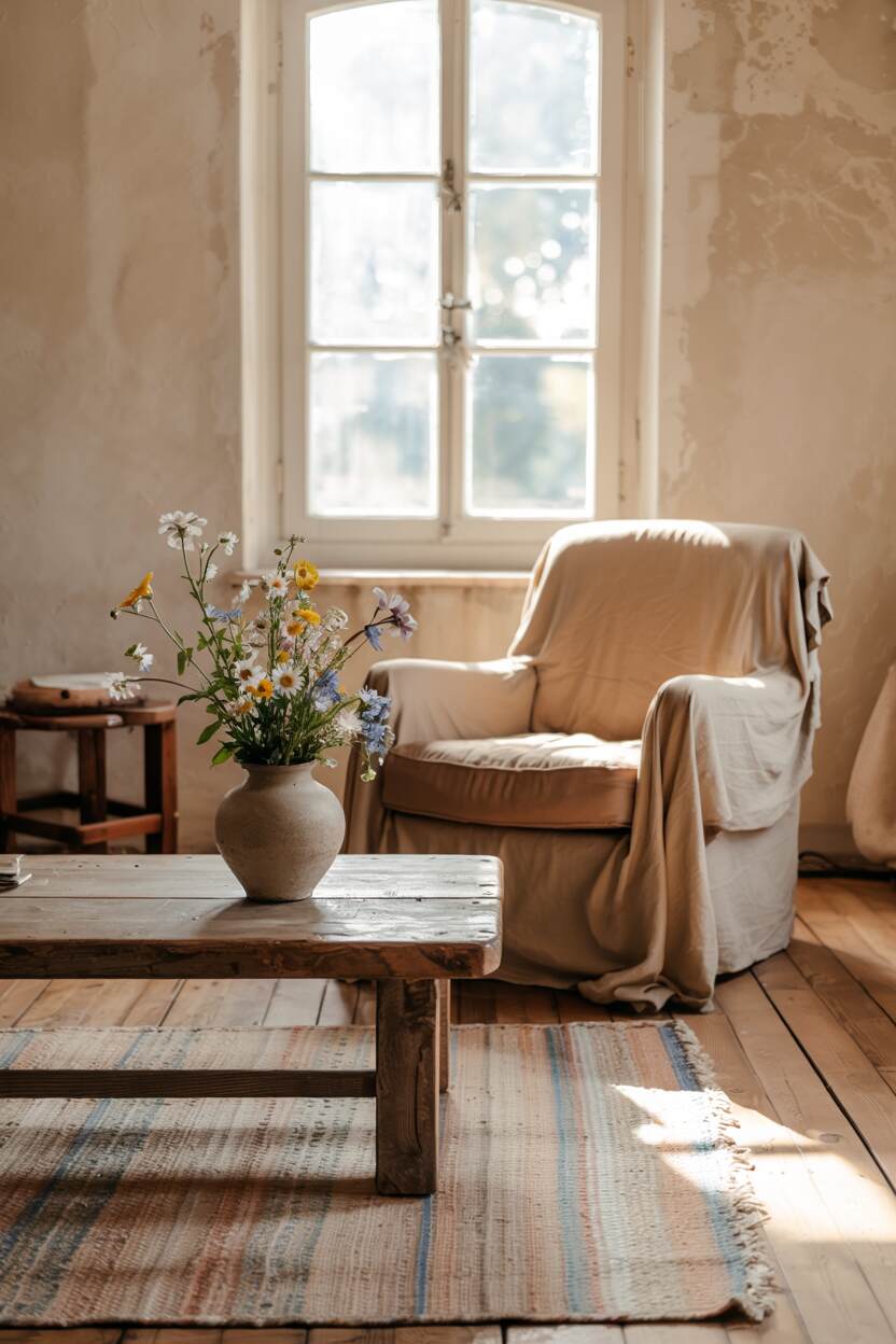 Japanese Minimalism Lifestyle: The Art of Mindful Living 4 A simple living area with worn wooden furniture showing natural patina, handmade textiles with slight irregularities, and a ceramic vase with a few wildflowers. The space features natural materials with visible texture, warm neutral colors, and objects showing signs of use and age. Natural light streams through a window, highlighting the imperfect beauty of each element.