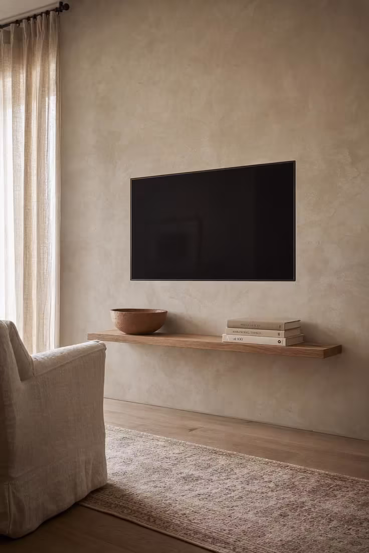 Putty-toned limewash plaster wall with flush-mounted TV and narrow oak ledge holding a terracotta bowl in a wabi sabi living room.