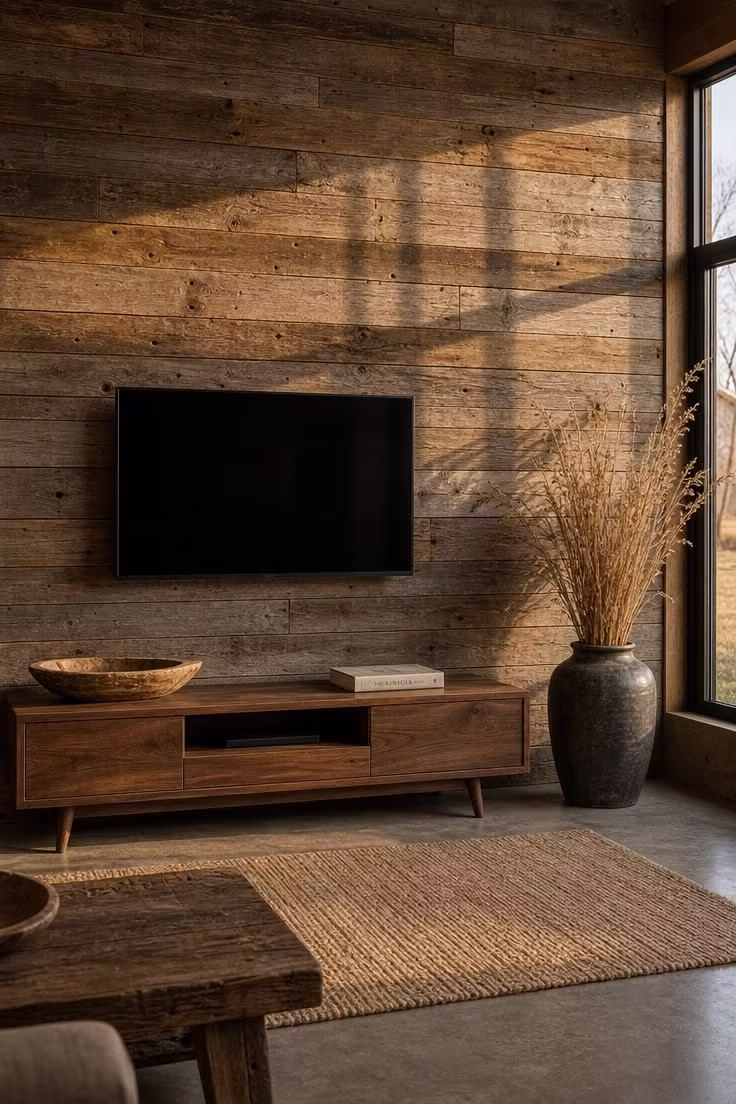 Weathered reclaimed barn wood plank wall with off-center mounted TV and tall dried grasses in a stoneware vase lit by warm golden afternoon light.