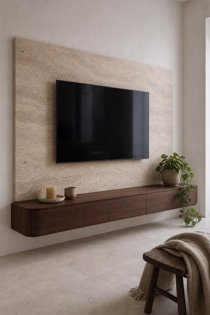 Honed travertine slab panel mounted behind a TV on a white plaster wall with a walnut floating console and pottery in cool overcast light.