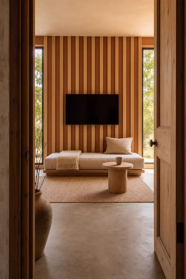 Pale ash timber battens mounted floor to ceiling over a clay-colored wall with a centered TV and linen daybed viewed through a doorway in bright midday light.