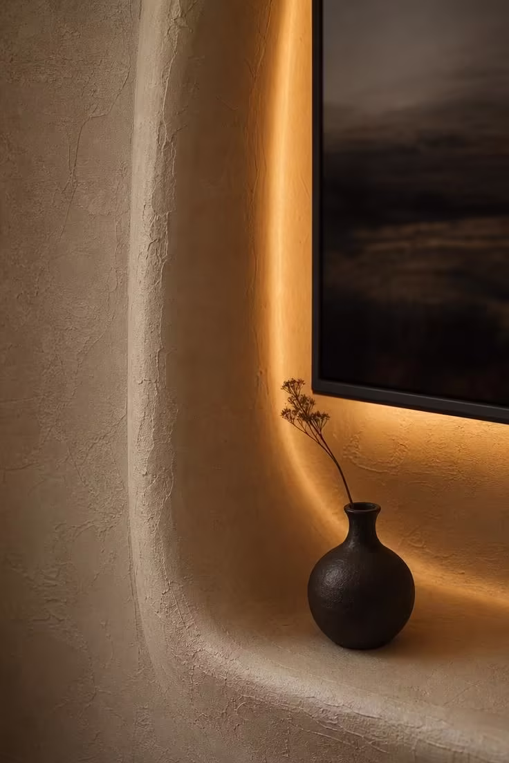 Close-up of hand-troweled sand-colored plaster curving around a recessed TV niche with a dark stoneware bud vase and ikebana stem in moody low light.