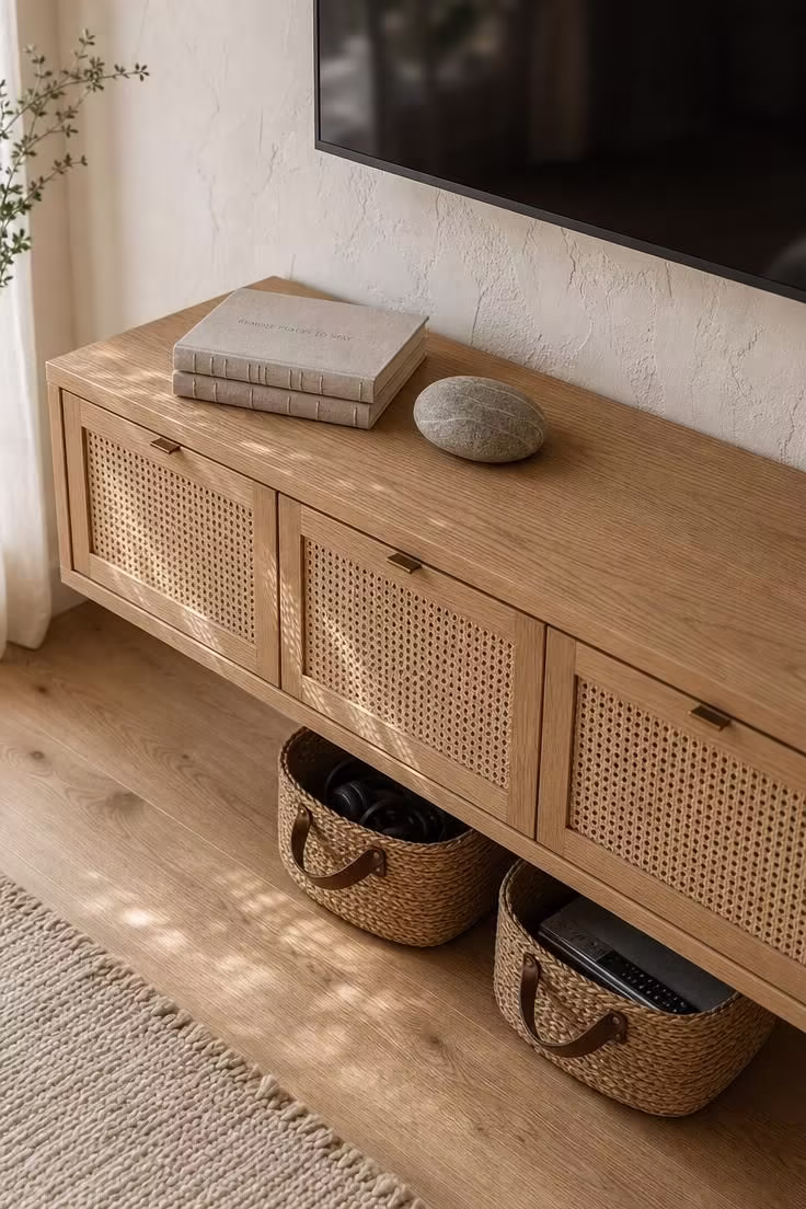 Overhead angle of a white oak floating media console with woven cane doors, linen-wrapped books, and a river stone beneath a wall-mounted TV in soft diffused light.