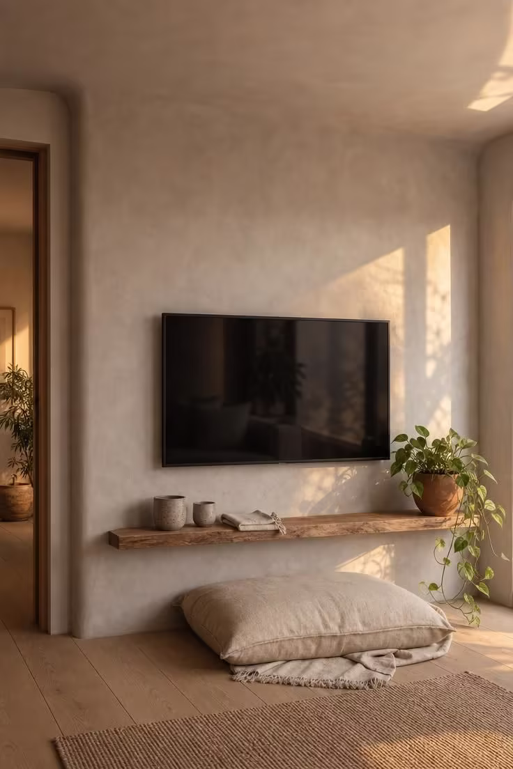 Pale gray microcement accent wall with rounded edges and a centered TV, styled with a linen floor cushion, trailing pothos, and hand-thrown ceramics in warm golden hour light.