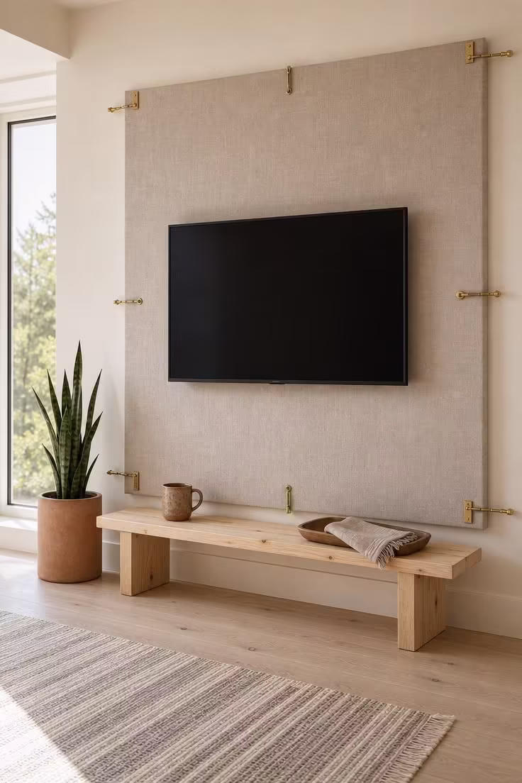 Stretched natural linen backdrop panel behind a wall-mounted TV with exposed brass cleats, a raw pine bench, and a ceramic mug in bright midday light.