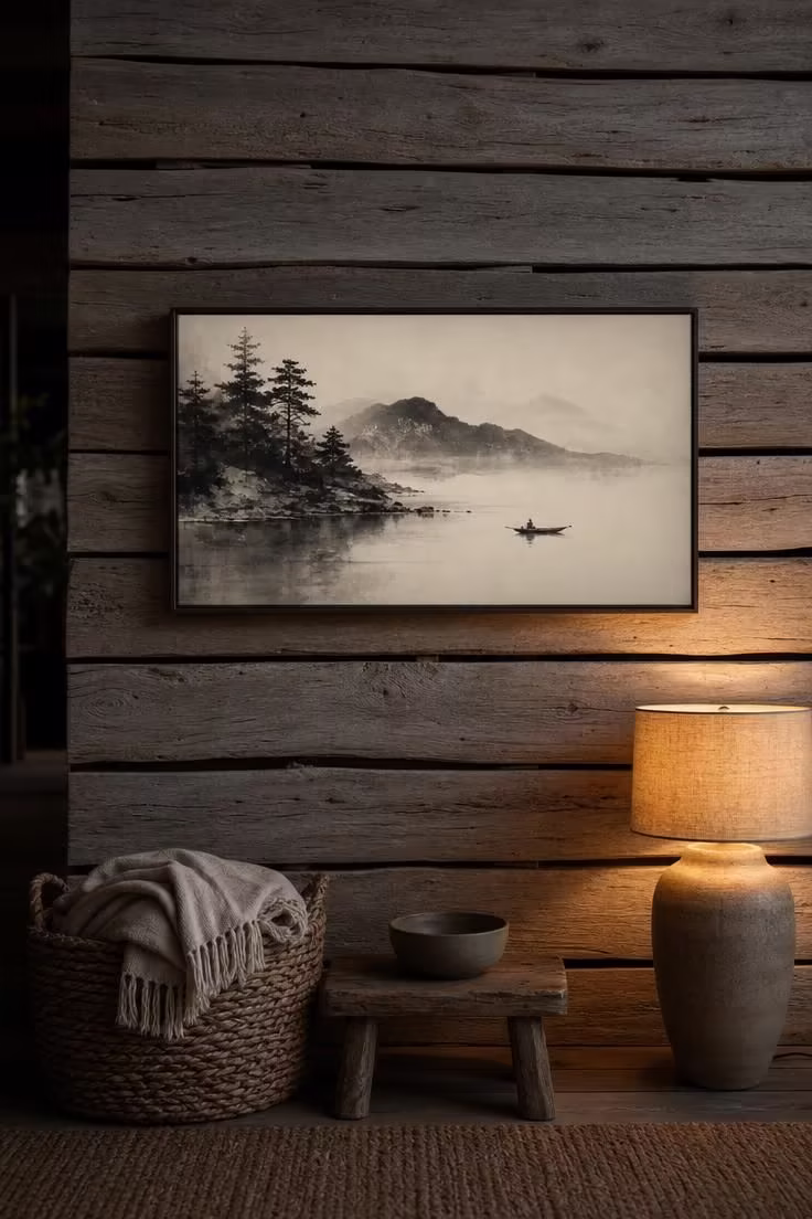 Frame TV displaying ink wash art on a sun-bleached driftwood plank wall with a seagrass basket and warm ceramic lamp in moody low light.
