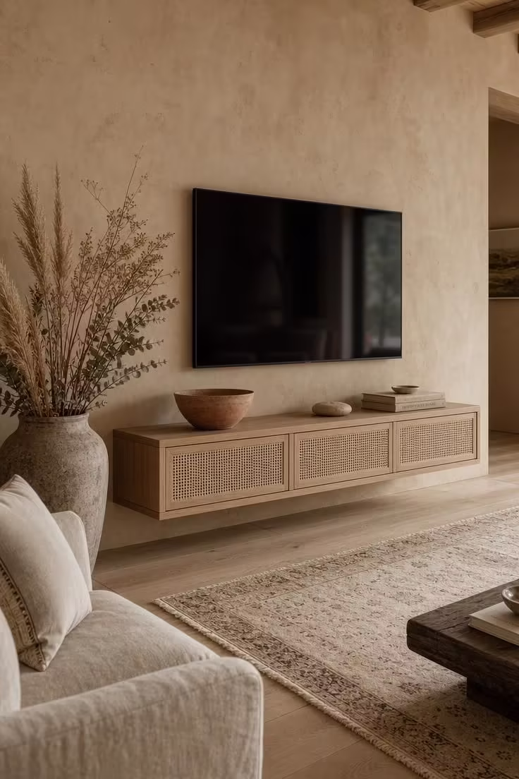 Simple Spaces 14 Wabi sabi living room with a limewash plaster TV wall, white oak floating console with cane doors, dried florals, and soft diffused afternoon light.