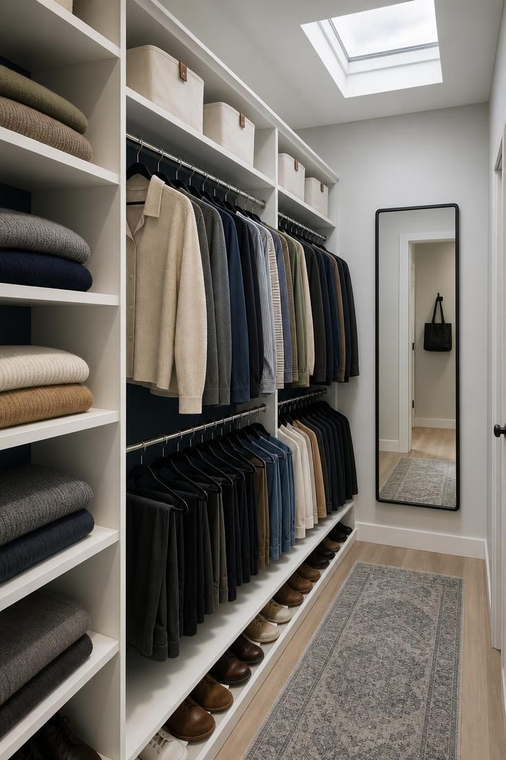10 Clever Walk in Closet Ideas for Small Spaces Save Room 1 A narrow small walk in closet design with a slate blue back wall, matte white shelving, double hanging rods, and a slim mirror.