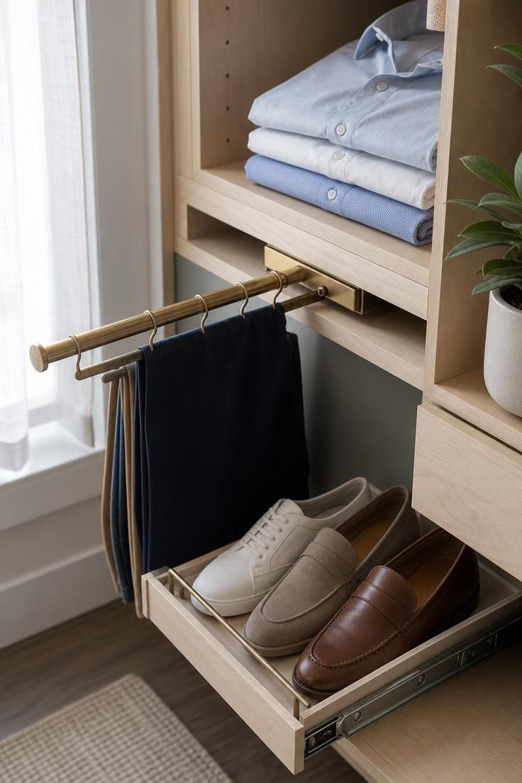 10 Clever Walk in Closet Ideas for Small Spaces Save Room 2 A pull-out brass valet rod and slide-out shoe rack hidden below a birch folding ledge in a small walk in closet.