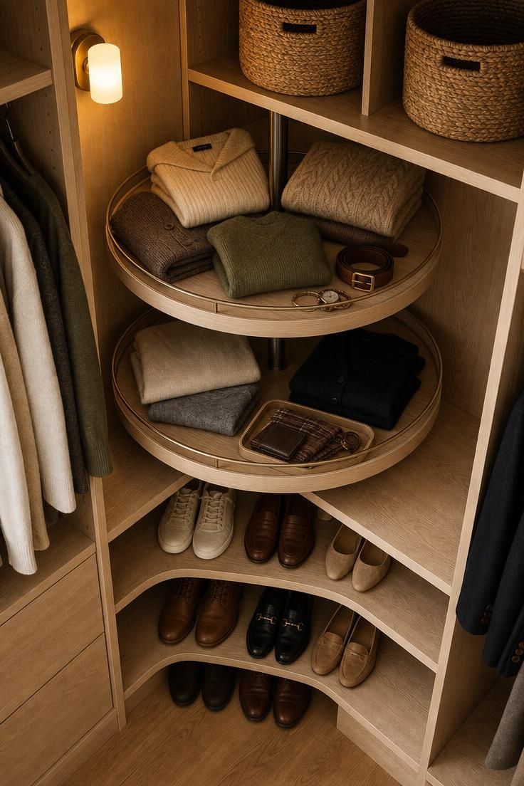 10 Clever Walk in Closet Ideas for Small Spaces Save Room 3 A corner walk in closet idea with a Lazy Susan corner unit, curved open shelving, and angled shoe displays.