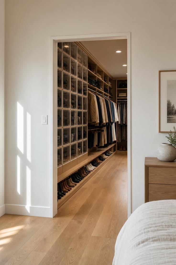 10 Clever Walk in Closet Ideas for Small Spaces Save Room 4 A small walk in closet door idea with a pocket door entry and continuous floor-level shoe shelf.