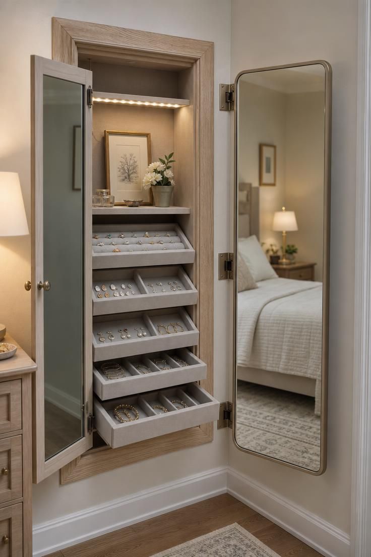 10 Clever Walk in Closet Ideas for Small Spaces Save Room 5 A mirrored jewelry cabinet with fold-out dressing panel inside a small walk in closet.
