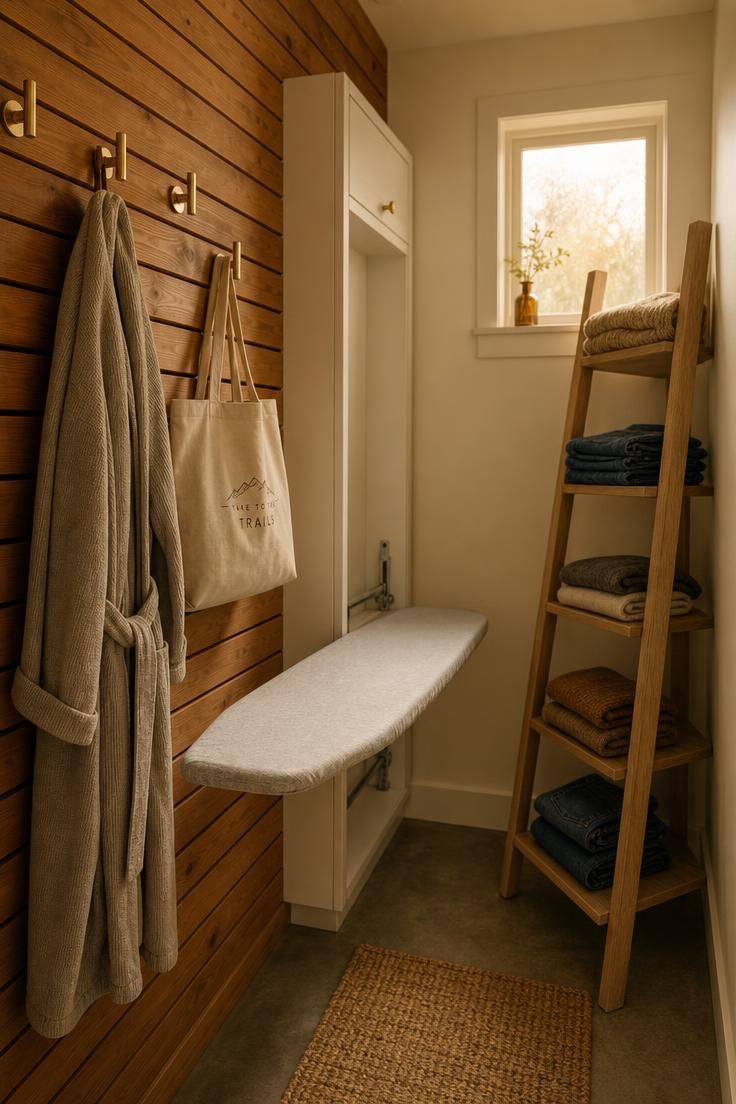 10 Clever Walk in Closet Ideas for Small Spaces Save Room 6 A slatted cedar wall with brass hooks and a fold-down ironing board in a small walk in closet.