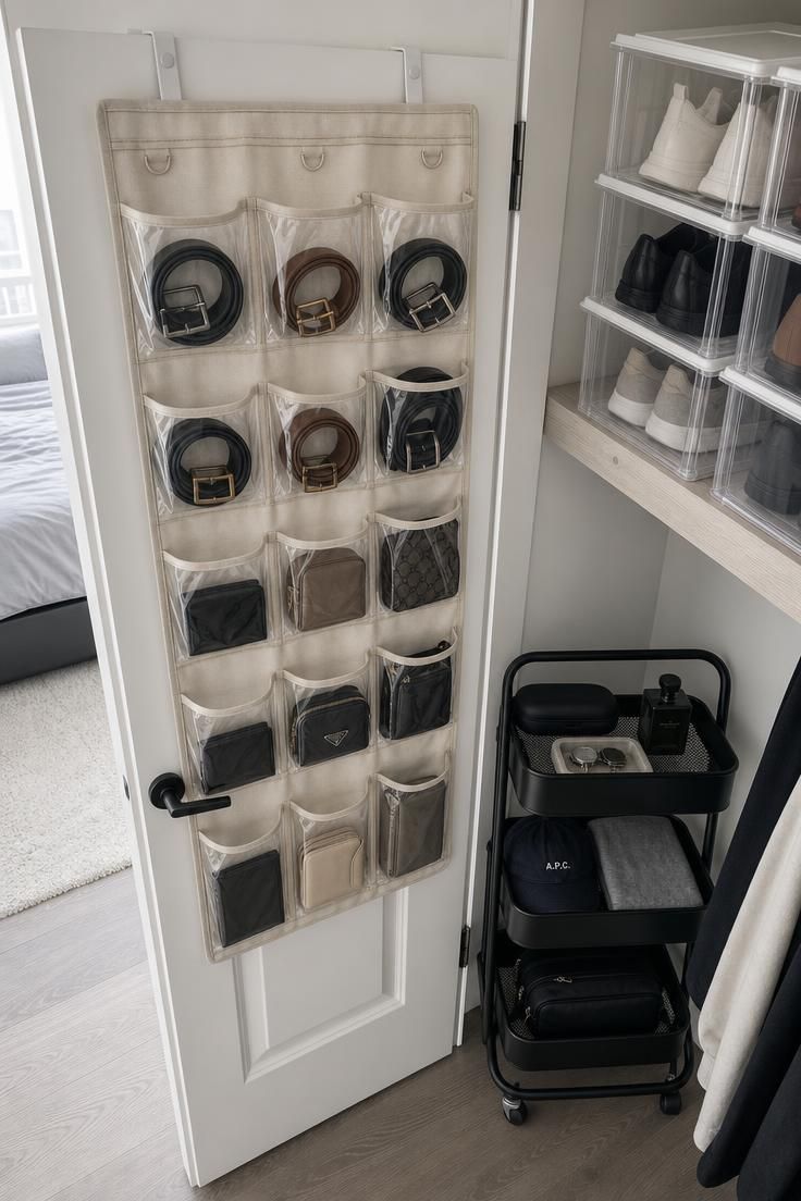 10 Clever Walk in Closet Ideas for Small Spaces Save Room 7 An over-door organizer wall with clear shoe boxes and a rolling cart in a small walk in closet.