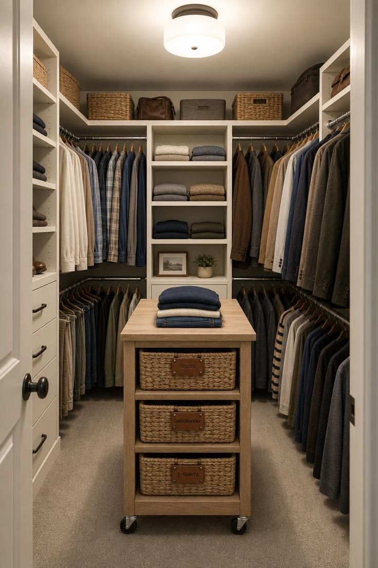 10 Clever Walk in Closet Ideas for Small Spaces Save Room 9 A U-shaped small walk in closet layout with a center island cart on casters and woven basket drawers.