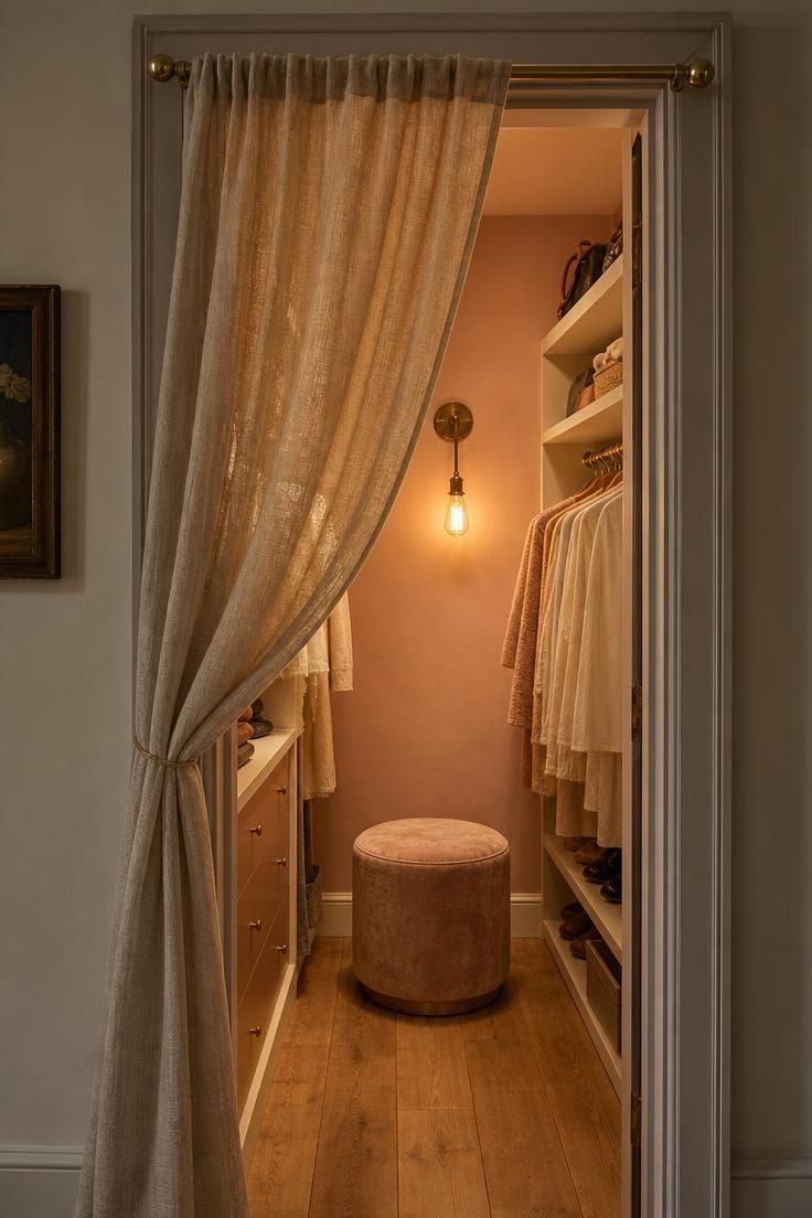 10 Clever Walk in Closet Ideas for Small Spaces Save Room 10 A sheer linen curtain entry with a velvet ottoman and brass sconce in a small walk in closet.