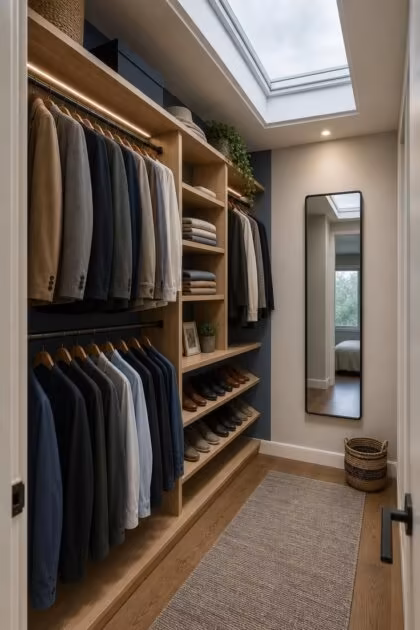 10 Clever Walk in Closet Ideas for Small Spaces Save Room A small walk in closet with white oak shelving, double hanging rods, a slate blue back wall, and angled shoe shelves.