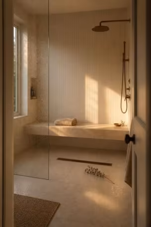 Cozy walk in shower ideas with bench in warm limestone, lit by late afternoon golden light.