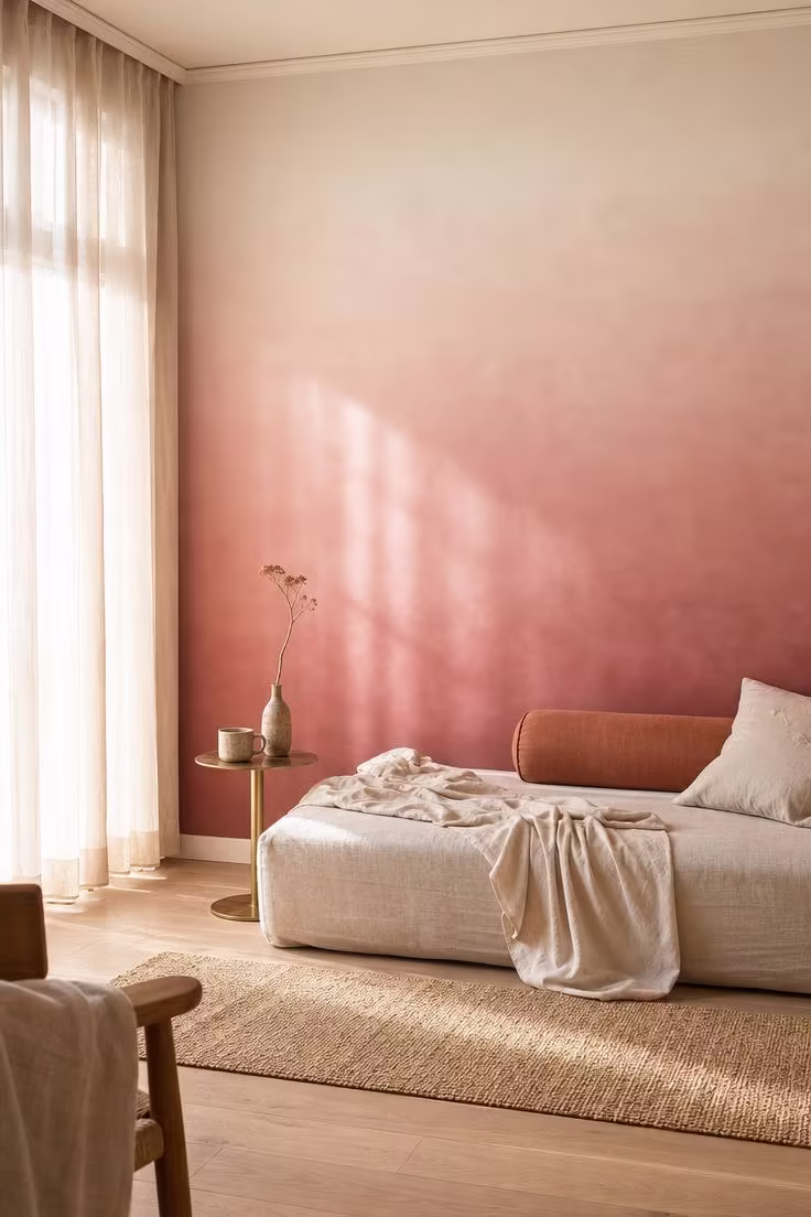11 Stunning Wall Painting Decor Ideas to Refresh Any Room 1 Dusty rose ombre wall gradient fading into warm white above a linen daybed with terracotta pillow and brass side table