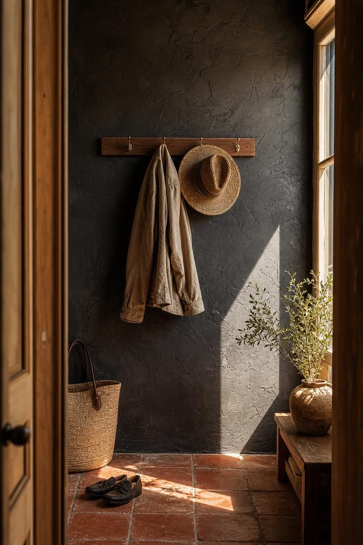 11 Stunning Wall Painting Decor Ideas to Refresh Any Room 2 Matte charcoal lime plaster textured accent wall in an entryway with walnut coat hooks and terracotta floor tiles