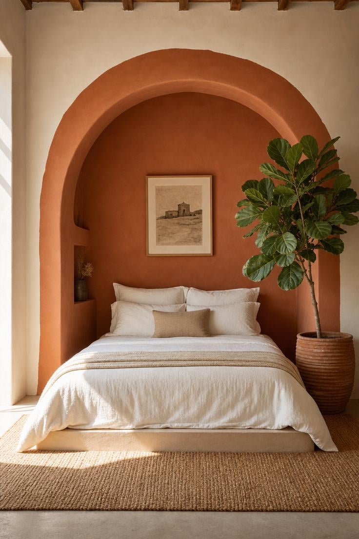 11 Stunning Wall Painting Decor Ideas to Refresh Any Room 3 Painted terracotta arch on pale mushroom wall framing a bedroom alcove with white linen bed and potted fig tree