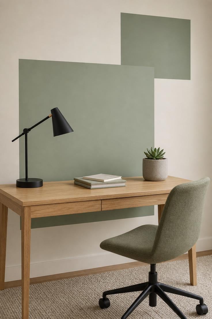 11 Stunning Wall Painting Decor Ideas to Refresh Any Room 4 Sage green color blocking walls with cream trim framing a home office desk with oak surface and matte black lamp