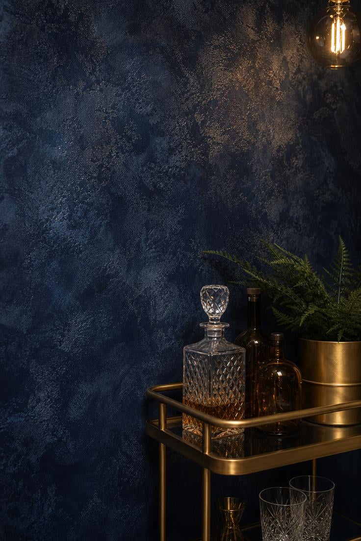 11 Stunning Wall Painting Decor Ideas to Refresh Any Room 5 Navy blue sponge-textured painted accent wall with brass bar cart holding amber glass bottles and crystal decanter