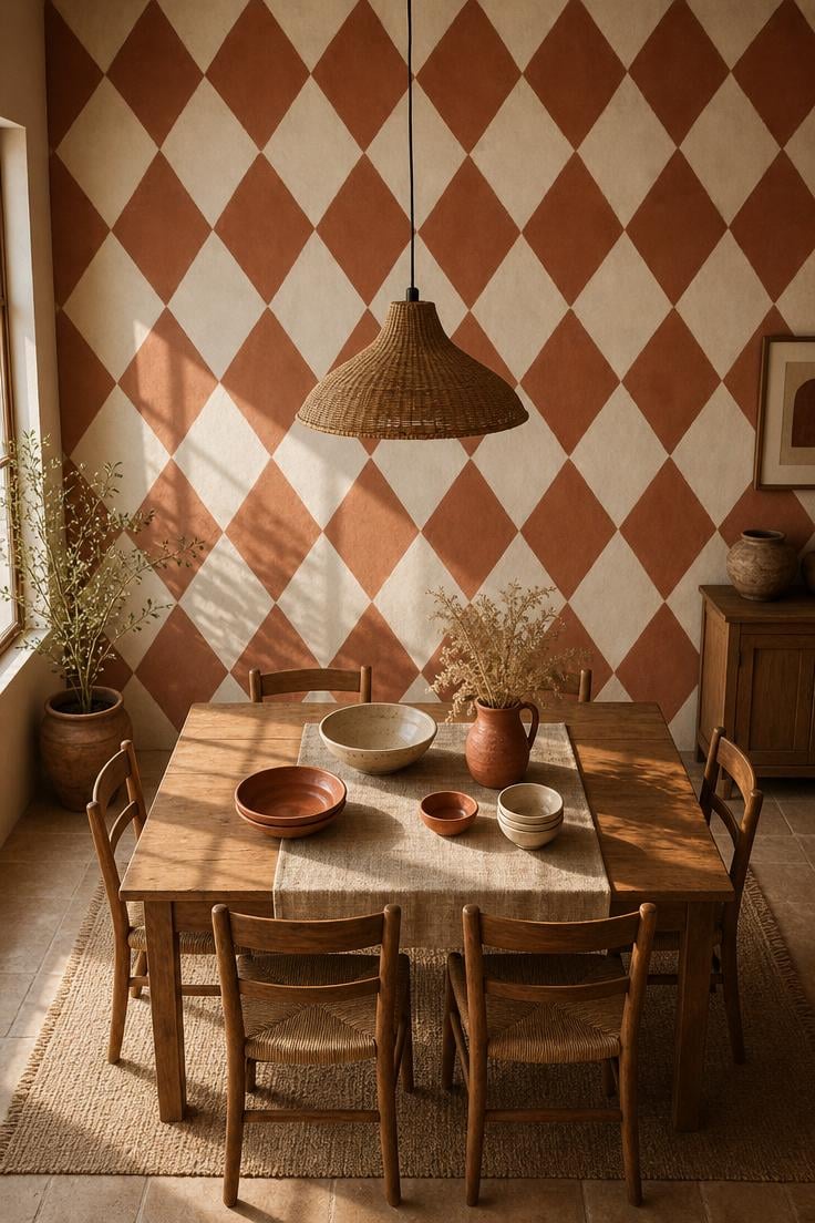 11 Stunning Wall Painting Decor Ideas to Refresh Any Room 6 Geometric diamond pattern wall in warm clay and ivory behind oak dining table with stoneware bowls and rattan pendant