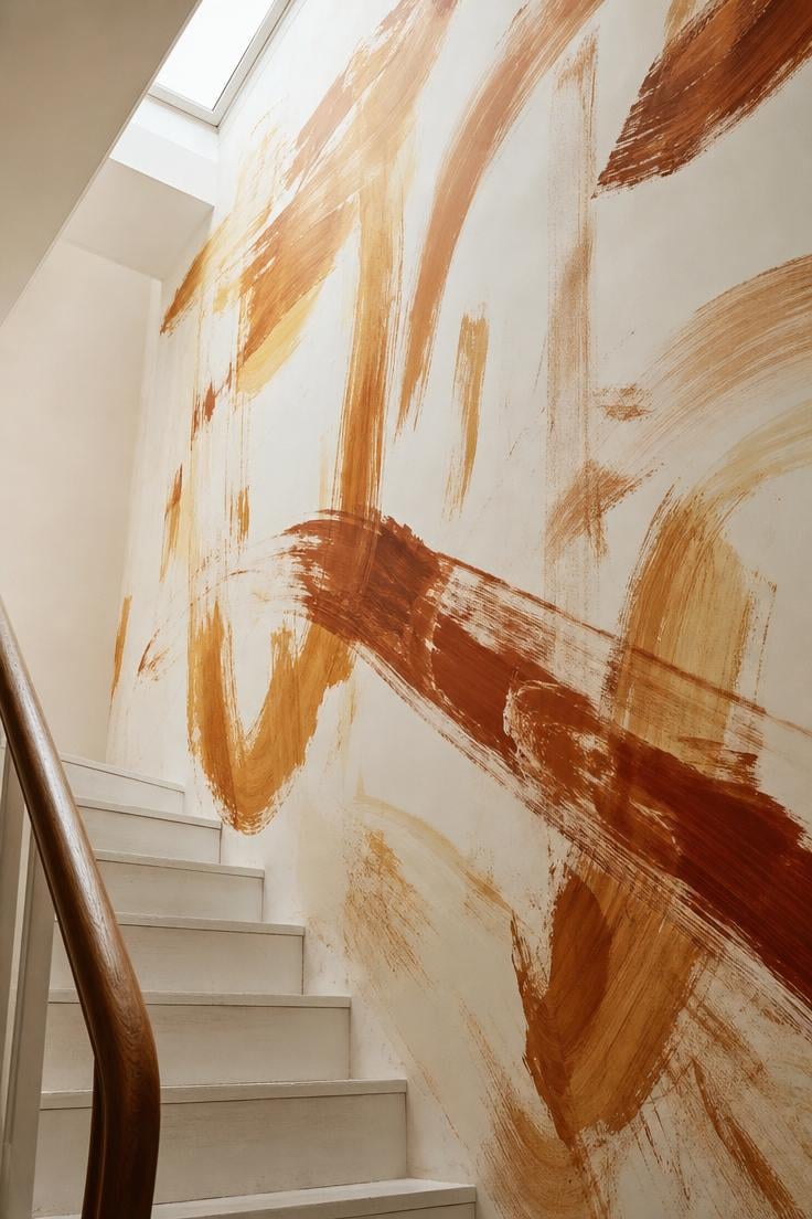 11 Stunning Wall Painting Decor Ideas to Refresh Any Room 7 Freehand abstract brushstroke mural in ochre and burnt sienna on a white stairwell wall with skylight above