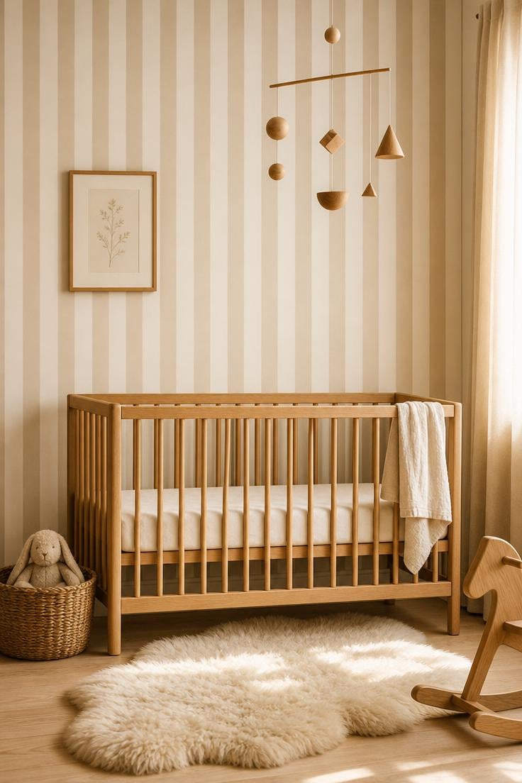 11 Stunning Wall Painting Decor Ideas to Refresh Any Room 8 Vertical pinstripes in pale oat on warm white nursery wall with natural wood crib and sheepskin rug